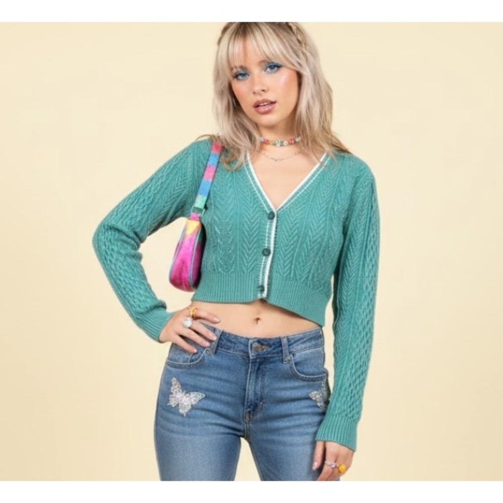 Blue Blush Womens Sm Cropped Cardigan Sweater Cable Knit Lizzy Mcguire Y2K